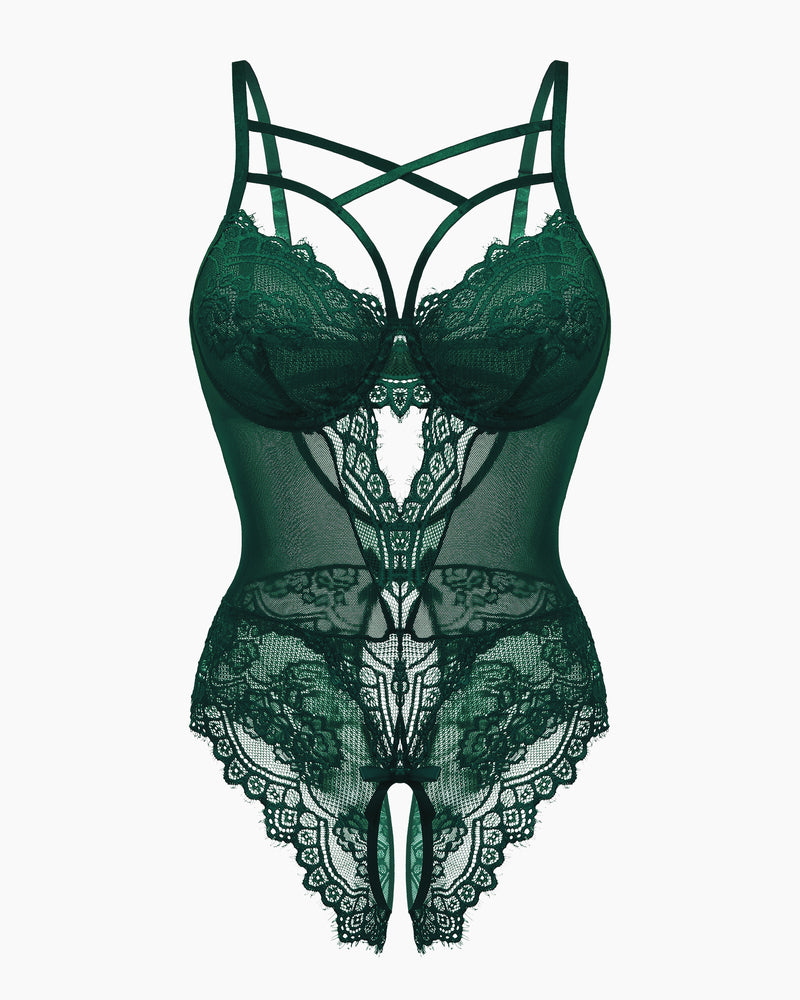 Dark green lace harness bodysuit with open crotch, criss-cross straps, sexy lingerie by Avidlove.