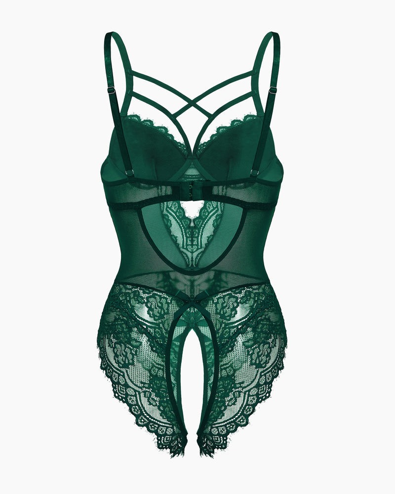 Avidlove green floral lace harness bodysuit with cut-out and open crotch, sexy lingerie