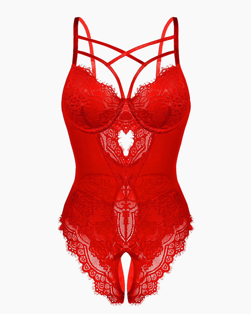 Red floral lace harness bodysuit, criss-cross straps, open crotch, sexy lingerie