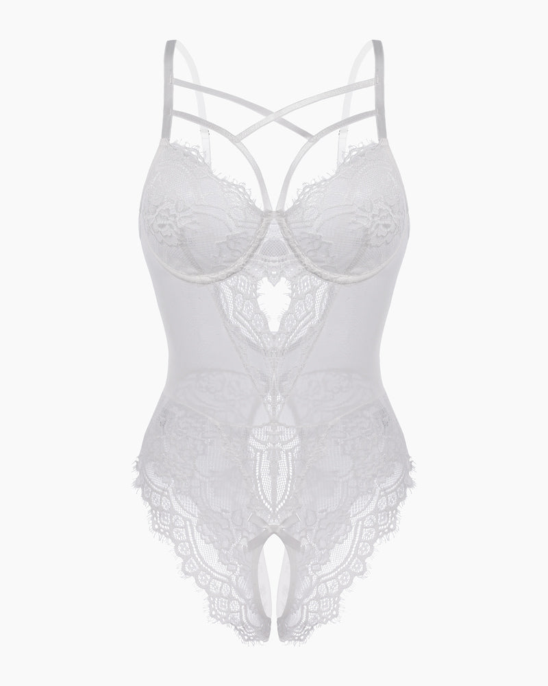 White floral lace harness bodysuit with criss-cross straps and cut-out details, sexy lingerie