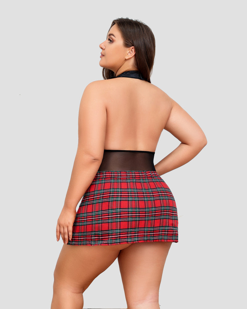 Plus Size Schoolgirl Lingerie: Black halter bodysuit and red plaid skirt. Sexy and comfortable fit.