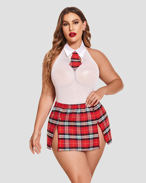 Plus Size Snap Crotch Bodysuit Plaid Skirt with Tie Halter