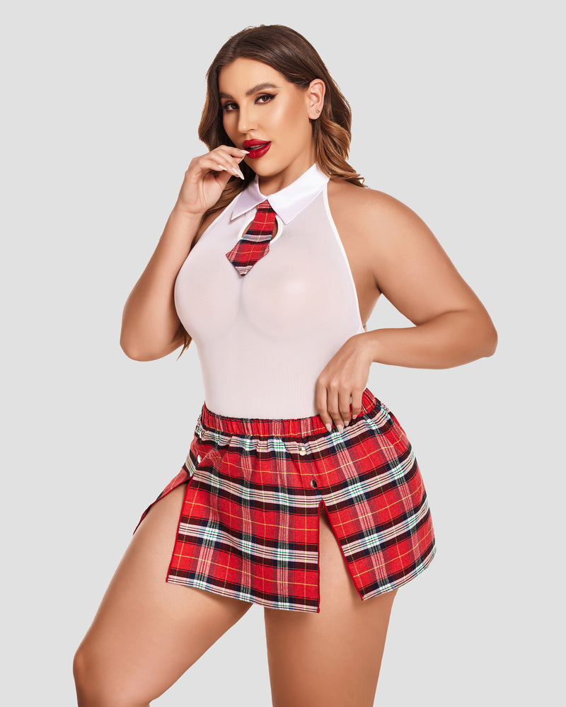 Plus Size Lingerie: Halter bodysuit and red plaid skirt schoolgirl outfit with tie, sexy fit.