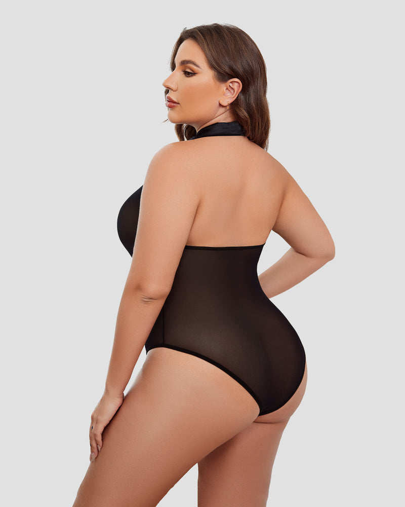 Black Halter Bodysuit. Sheer plus size lingerie with halter neck and comfortable fit.
