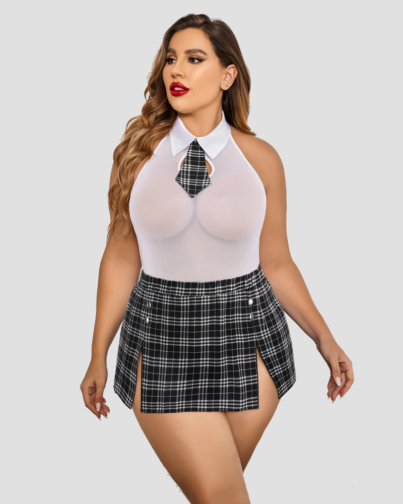 avidlove plus size lingerie for women sexy lingerie set with tie halter snap crotch teddy bodysuit plaid skirt l 4xl