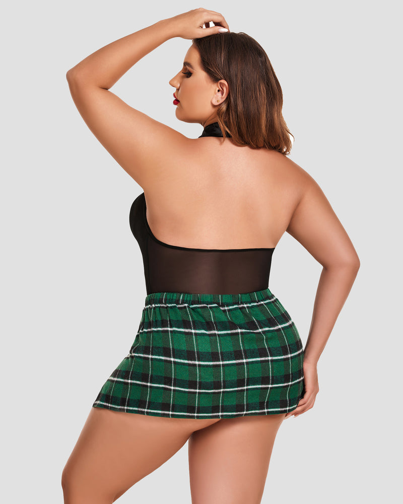 avidlove plus size lingerie for women sexy lingerie set with tie halter snap crotch teddy bodysuit plaid skirt l 4xl