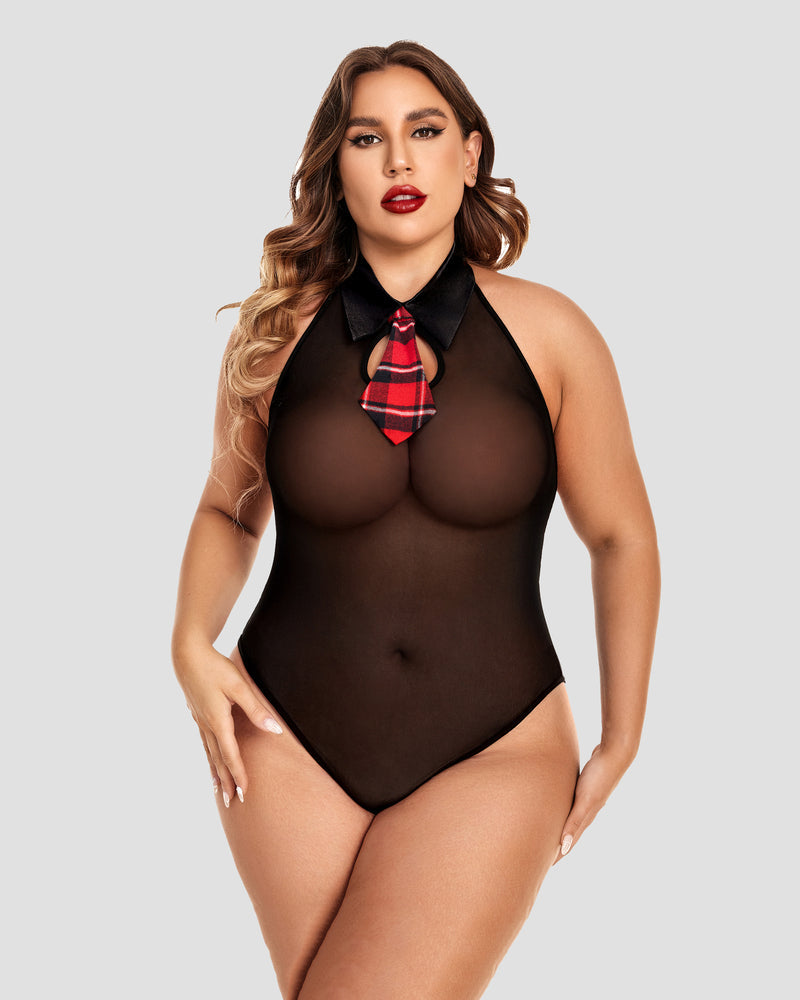 Plus Size Halter Bodysuit with Plaid Tie. Sexy sheer black lingerie schoolgirl outfit.