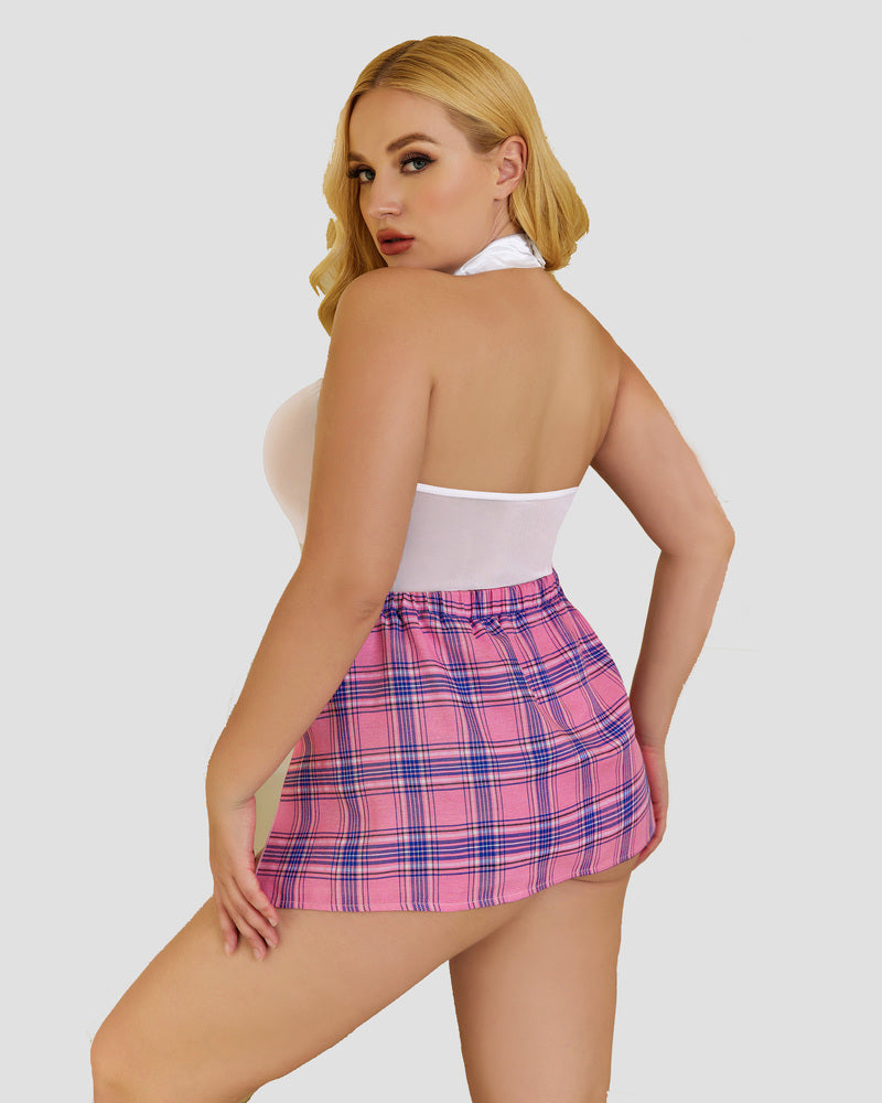 Plus Size Schoolgirl Lingerie: White halter bodysuit, pink plaid skirt, sexy plus size outfit.
