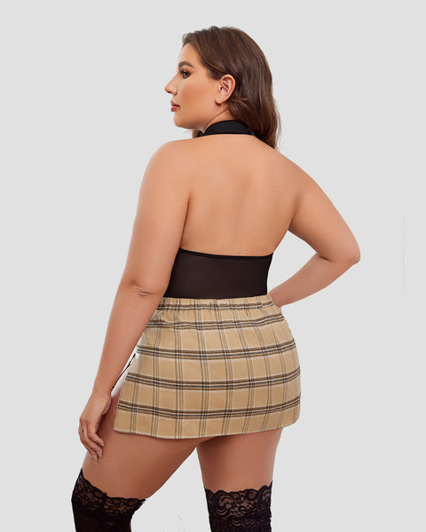 Plus Size Snap Crotch Bodysuit Plaid Skirt with Tie Halter