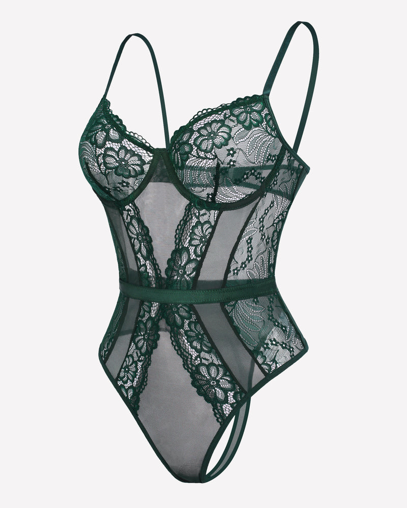 Emerald green floral lace underwire bodysuit teddy with mesh and adjustable straps.