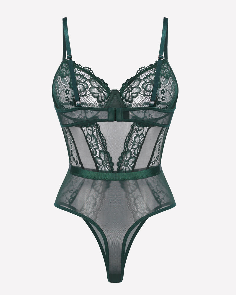 Emerald green lace underwire bodysuit with snap crotch and floral details; sexy lingerie