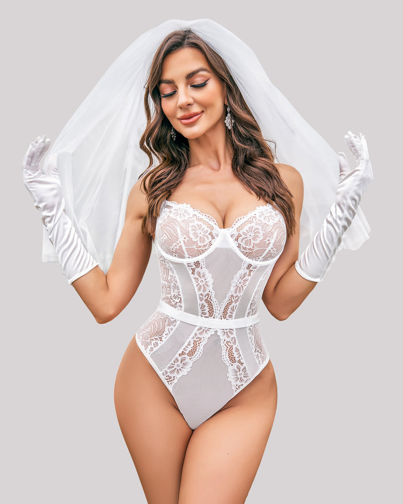 Bridal white lace bodysuit with snap crotch, underwire, veil and gloves, sensual design