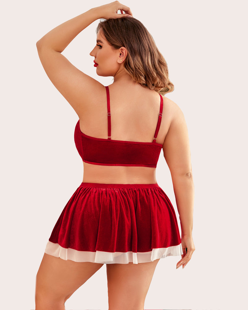 Plus Size Red Velvet Santa Babydoll Lingerie Set, featuring a v-neck bra and mini skirt
