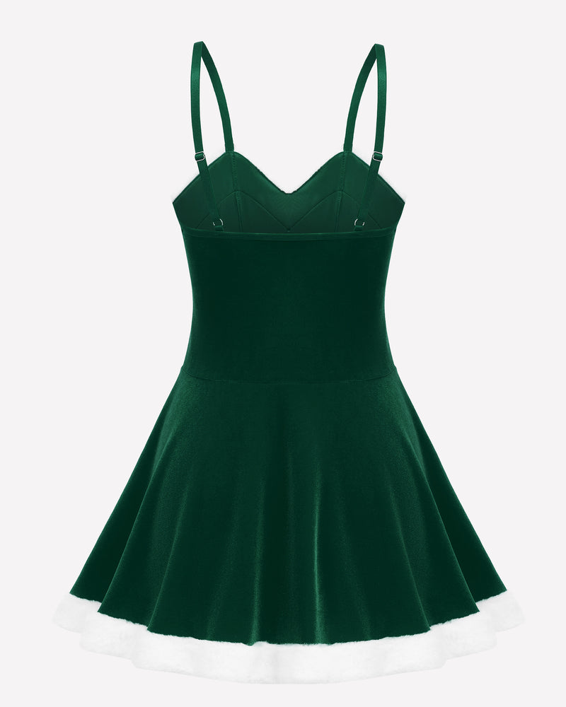 Green Christmas Santa dress with white fur trim and spaghetti straps, perfect holiday outfit.
