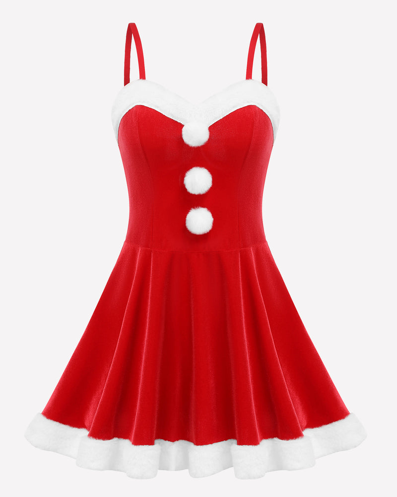 Red Christmas Santa dress with spaghetti straps, white fur trim and pom-poms. Sexy holiday outfit.