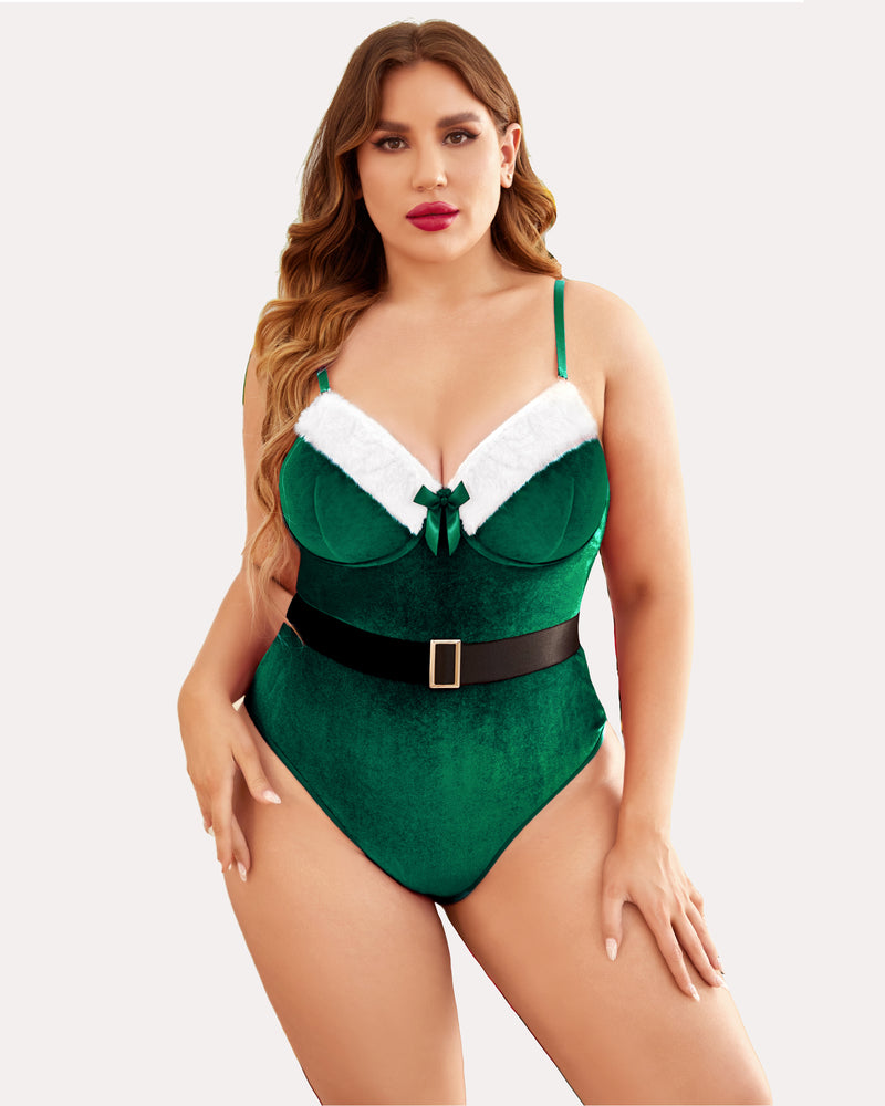 Plus size Christmas green velvet teddy bodysuit with belt. Sexy Christmas lingerie for women
