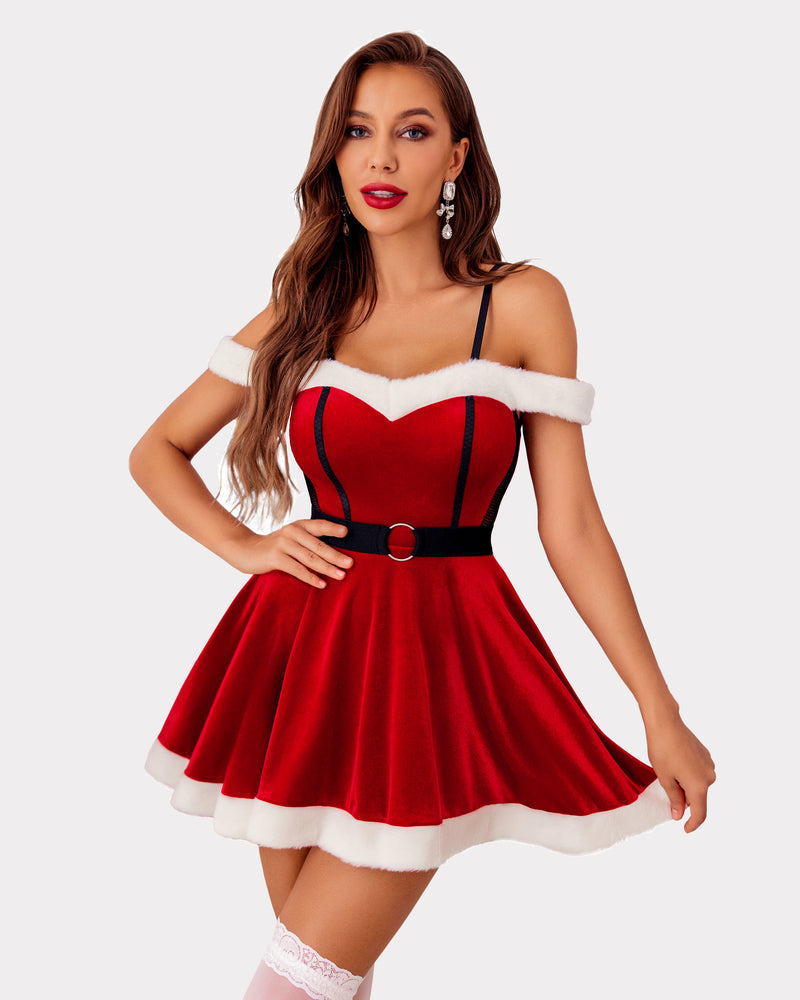 Red velvet off-shoulder Claus dress with white fur trim, ideal for Christmas or special nights.