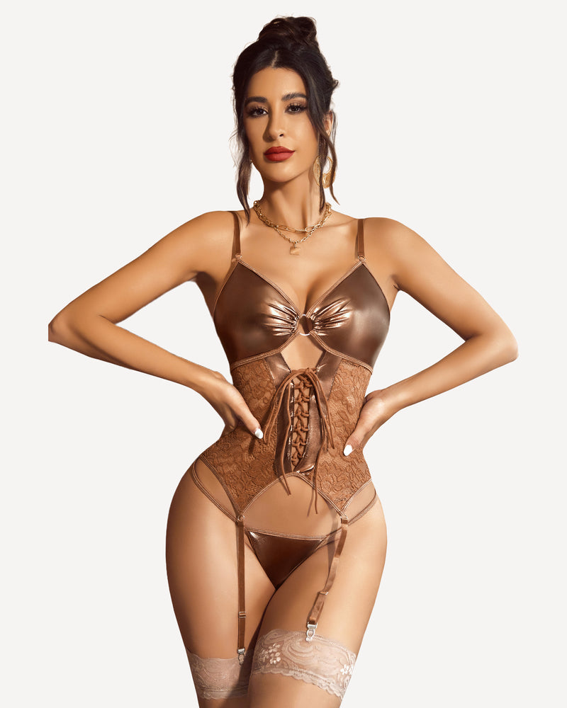 Brown leather and lace corset lingerie set with garter, Avidlove sexy lingerie, sexy bridal look