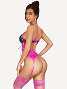 Pink faux leather corset with rainbow metallic bust, garter belt, stockings. Avidlove lingerie