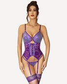 Avidlove purple corset lingerie set: lace, garter belt, and stockings. Sexy lingerie.