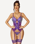 Purple faux leather corset lingerie set with garter belt and lace detailing. Sexy Avidlove product.