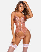 Rose gold faux leather corset with lace, garter belt, and adjustable straps. Sexy Avidlove lingerie.