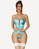 Blue Faux Leather Corset With Lace, Garter Belt, and Stockings. Sexy Lingerie.