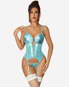 Light blue faux leather corset with lace, garter belt, stockings. Avidlove lingerie, sexy outfit.