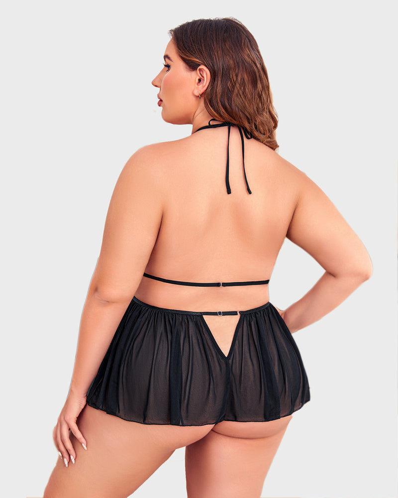 Black plus size lingerie, halter neck bra and skirt-style bottom, sexy and flattering.