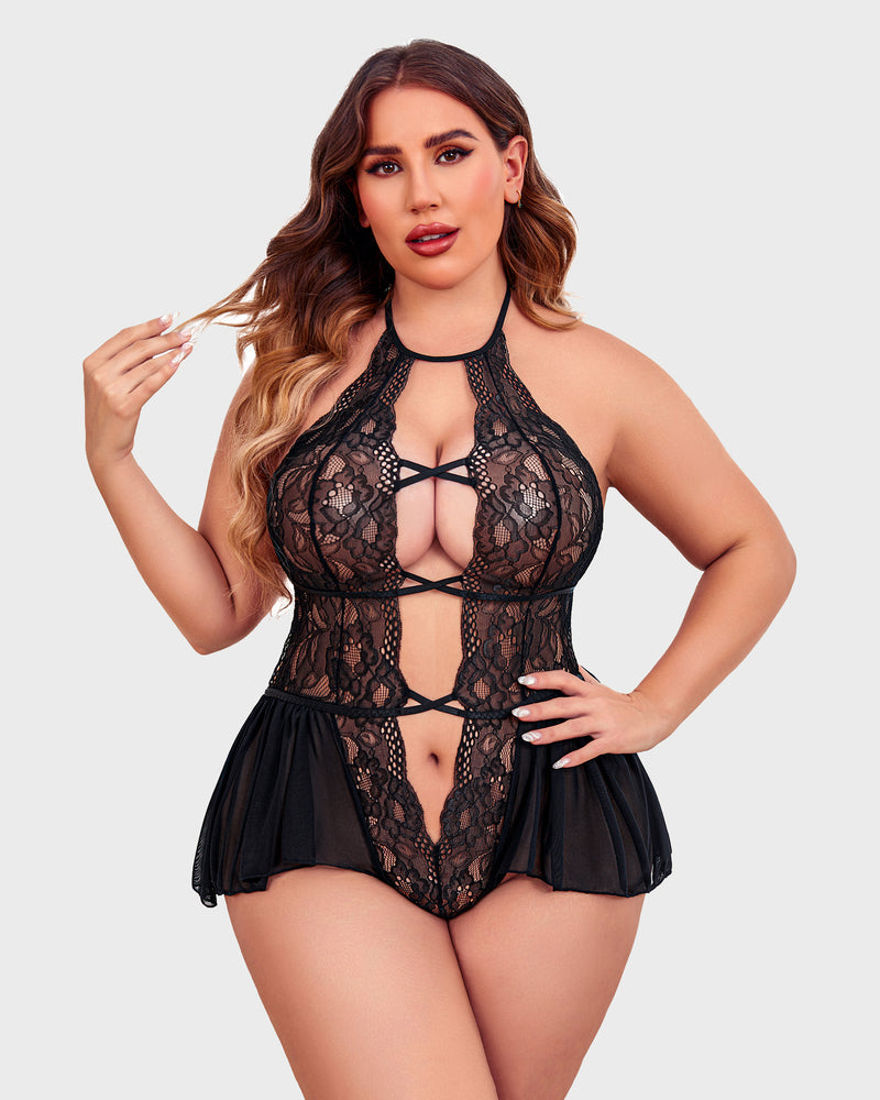 Black lace plus size teddy bodysuit with deep V-neck and halter straps