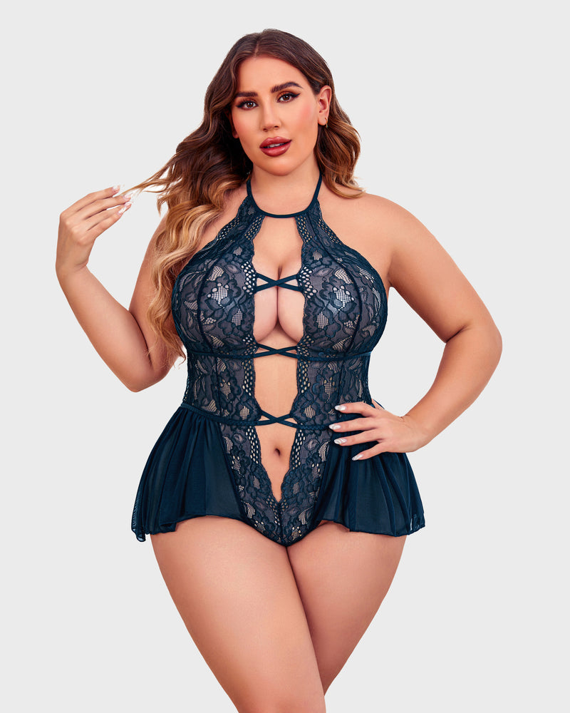 Plus size teal lace teddy bodysuit with halter neck, deep V-neck, flattering design