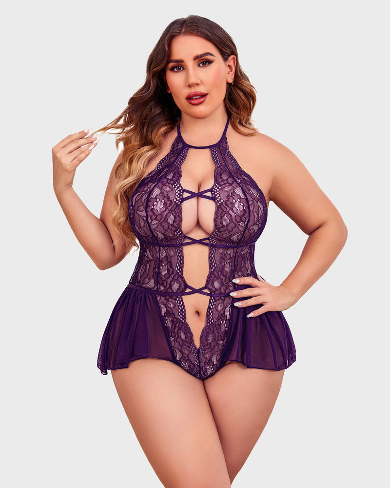 Purple lace plus size teddy bodysuit with halter neck, deep V-neck, flattering skirt design.