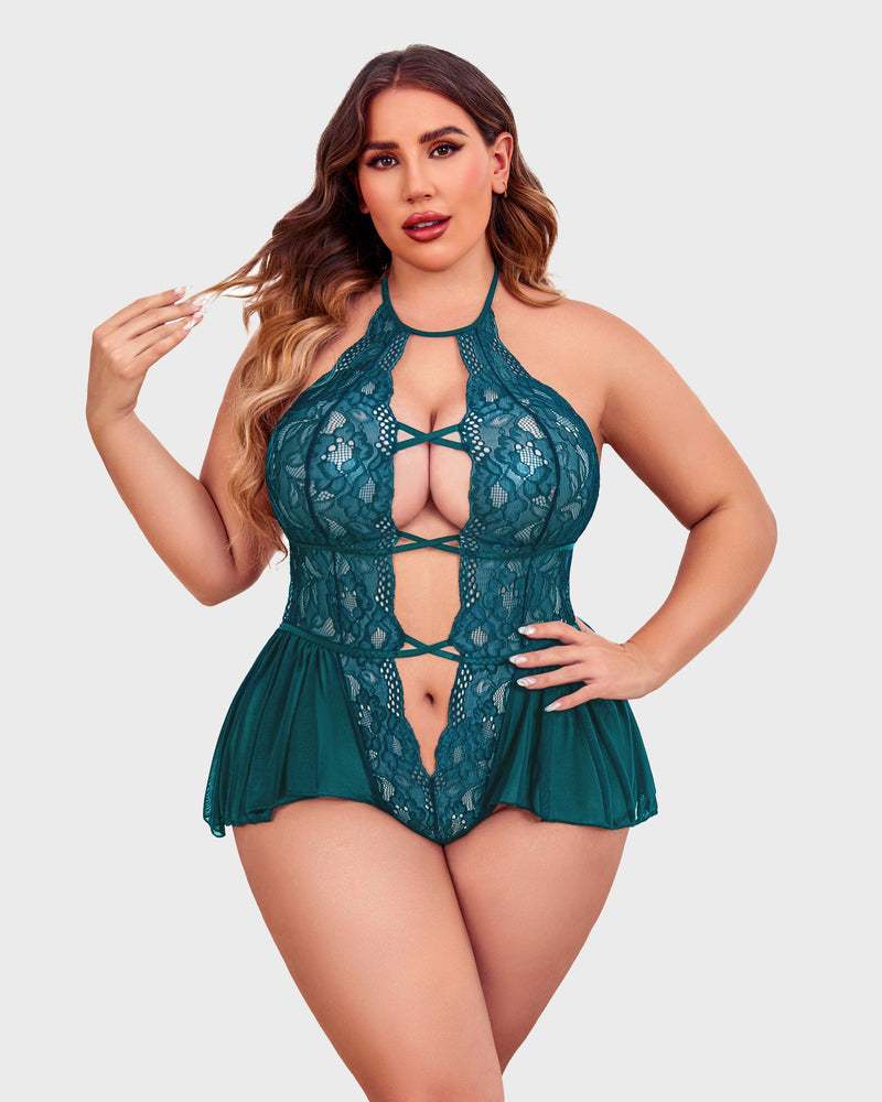Teal lace plus size teddy bodysuit with halter neck, deep V-neck, and flattering skirt-style bottom