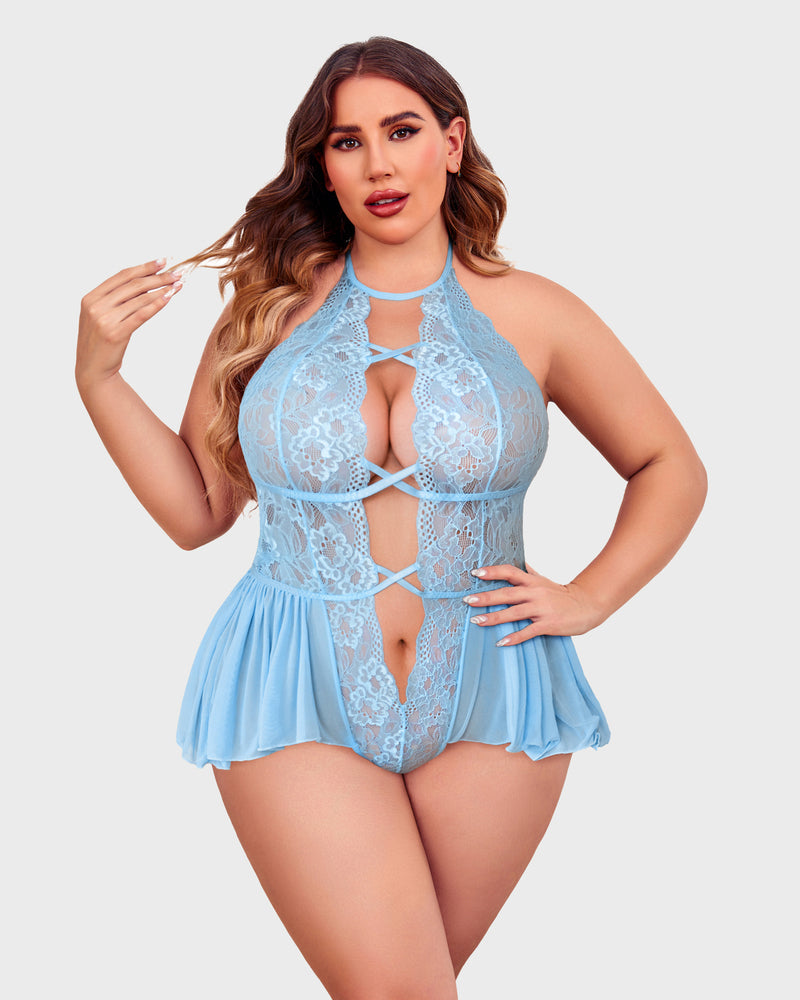 Light blue plus size lace teddy bodysuit with halter neck, deep V-neck, flattering design