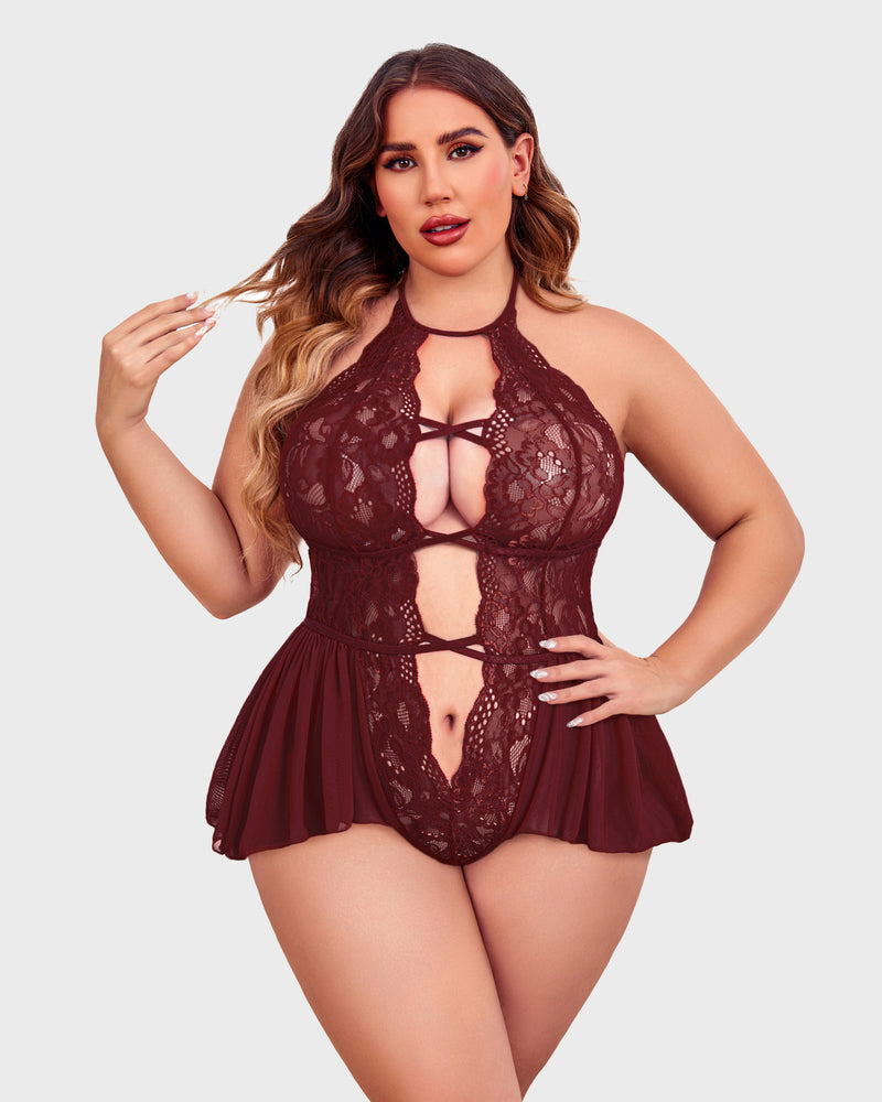 Plus size burgundy lace teddy bodysuit with halter neck, deep V-neck, and skirt-style bottom.