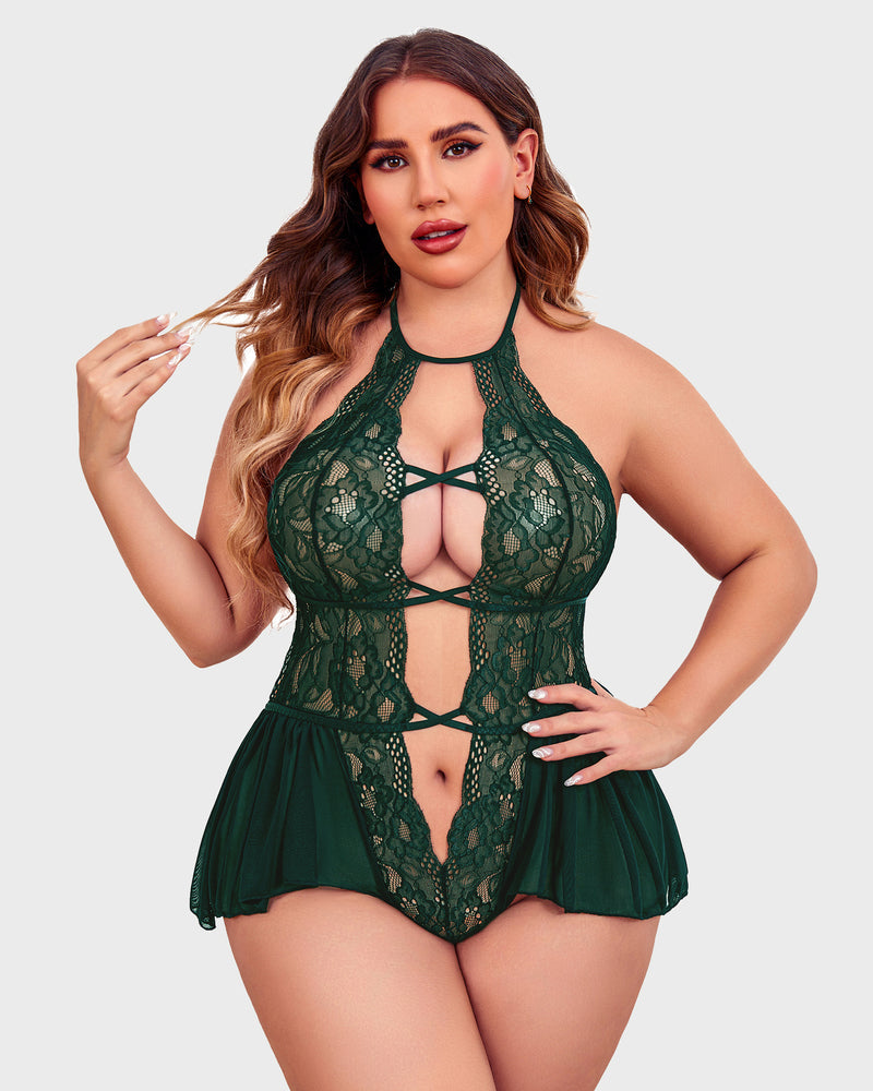 Green lace plus size teddy bodysuit, halter neck, deep V-neck, flattering skirt. Sexy lingerie.