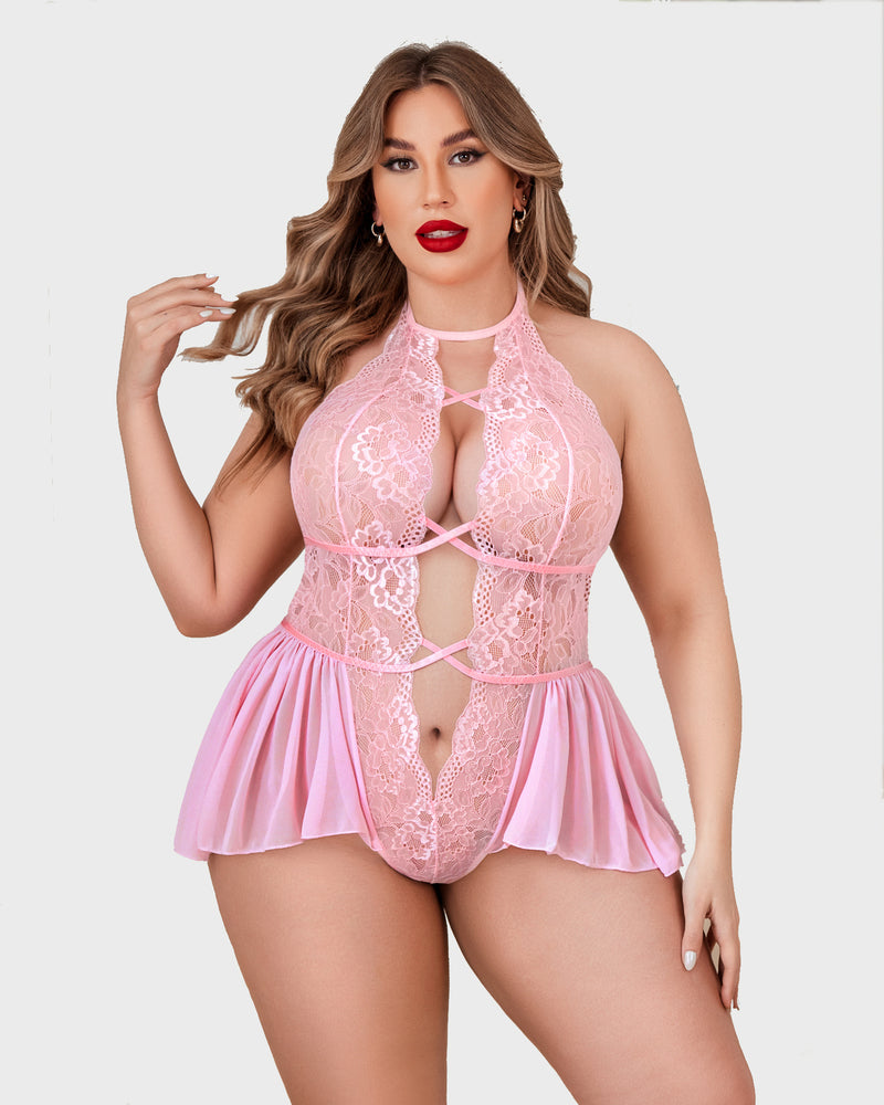 Plus size pink lace teddy bodysuit with halter neck and skirt-style bottom, sexy and flattering