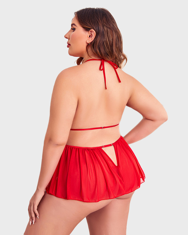 Red plus size teddy bodysuit with halter neck and skirt-style bottom, sexy and flattering lingerie