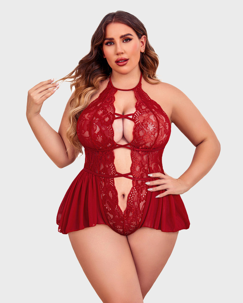 Red lace plus size teddy bodysuit, halter neck, deep V-neck and flattering skirt-style bottom