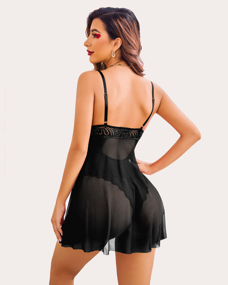 Black babydoll teddy with adjustable straps, lace bust, and sheer skirt; elegant lingerie design.