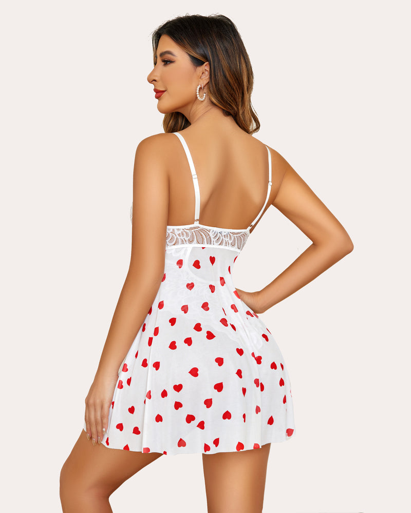 White heart print teddy babydoll lingerie with lace, adjustable straps and snap crotch for women