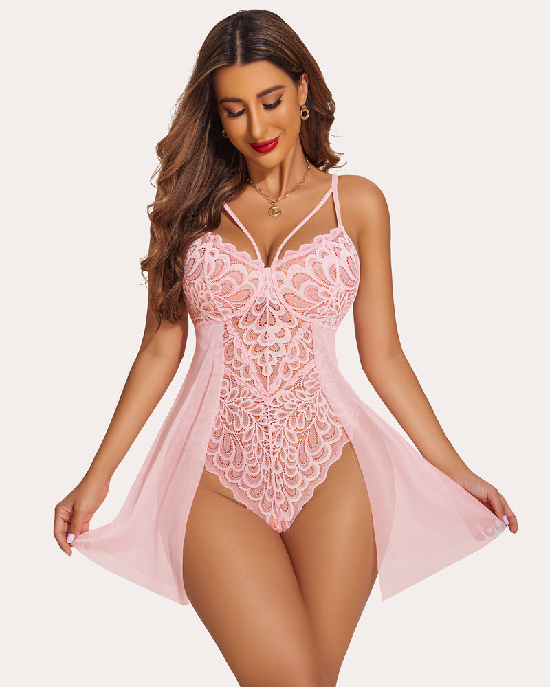 Pink floral lace teddy babydoll lingerie, elegant with adjustable straps and snap crotch for women