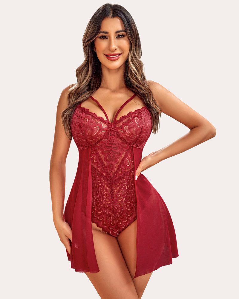Burgundy floral lace teddy babydoll lingerie with snap crotch, sexy and elegant for women