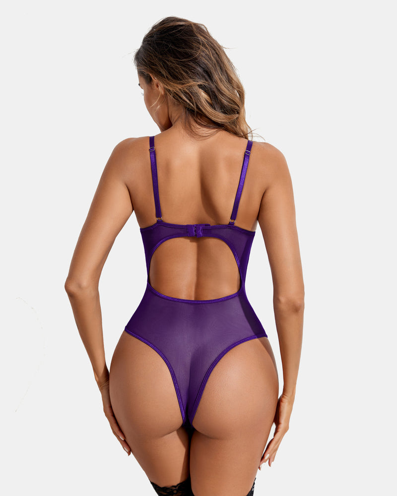 Avidlove purple strappy teddy bodysuit with garter belt. High cut design lingerie for women.