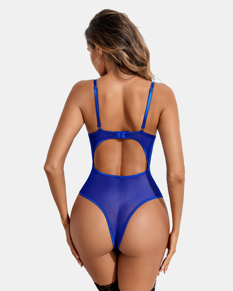 Royal blue strappy teddy lingerie. High cut design, backless. Avidlove sexy lingerie for women.