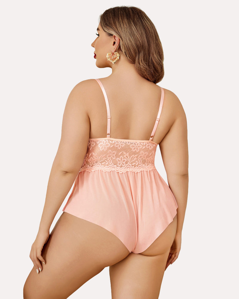 Peach lace plus size teddy bodysuit with adjustable straps. Comfortable and sexy lingerie for women.