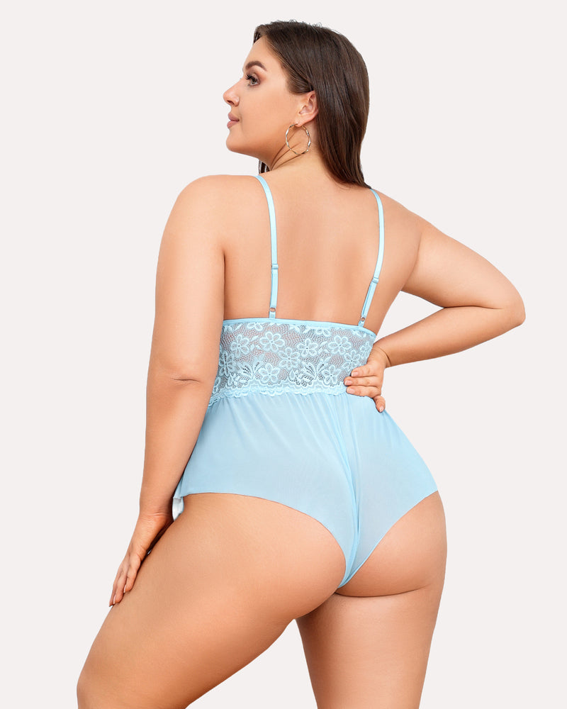 Plus size light blue lace teddy bodysuit, featuring adjustable straps and floral lace detail