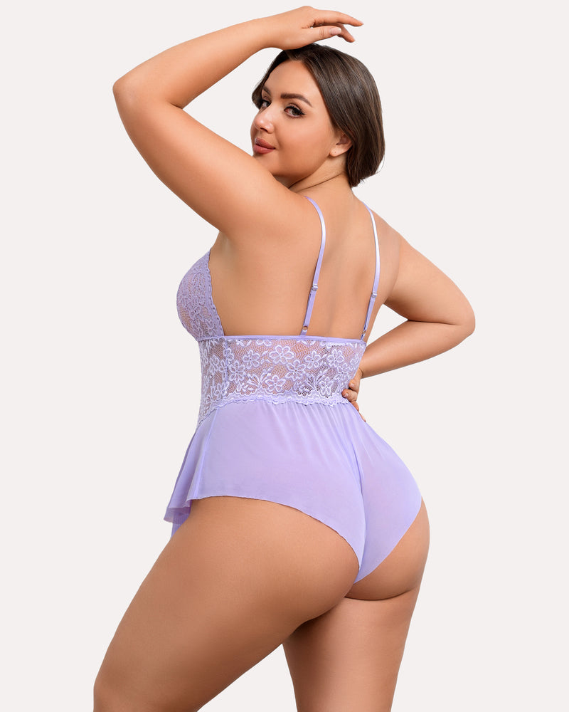 Plus size lavender lace teddy bodysuit with adjustable straps and ruffle trim, lingerie for women.