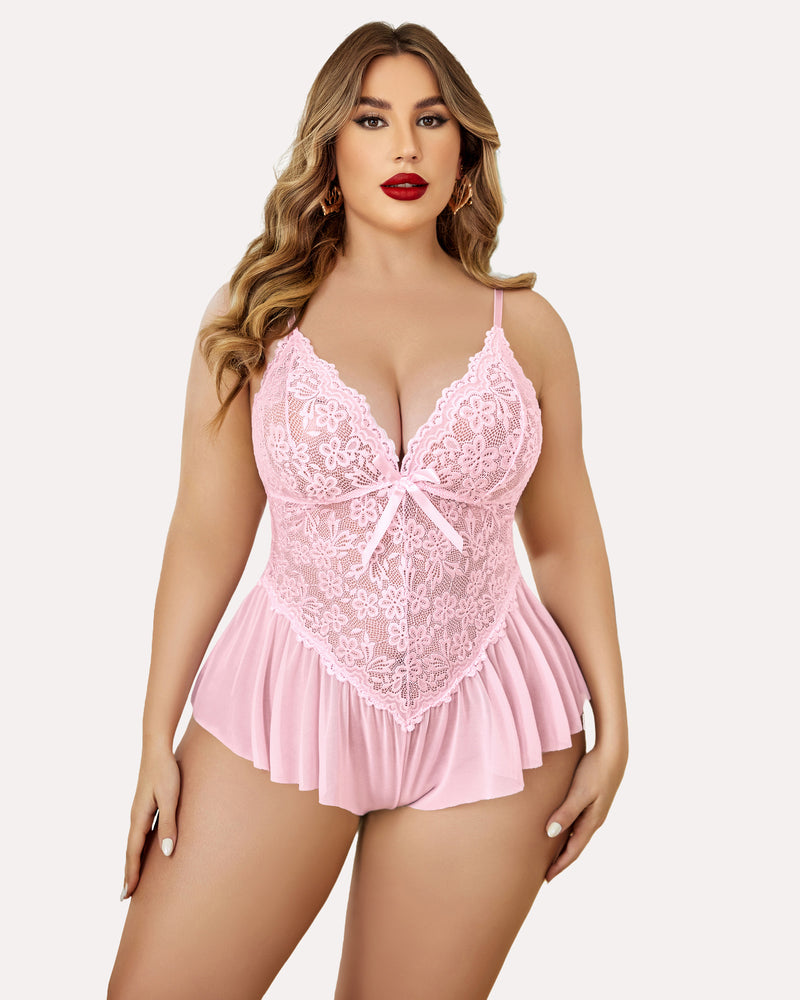 Plus size pink lace teddy bodysuit with adjustable straps and ruffle hem for women