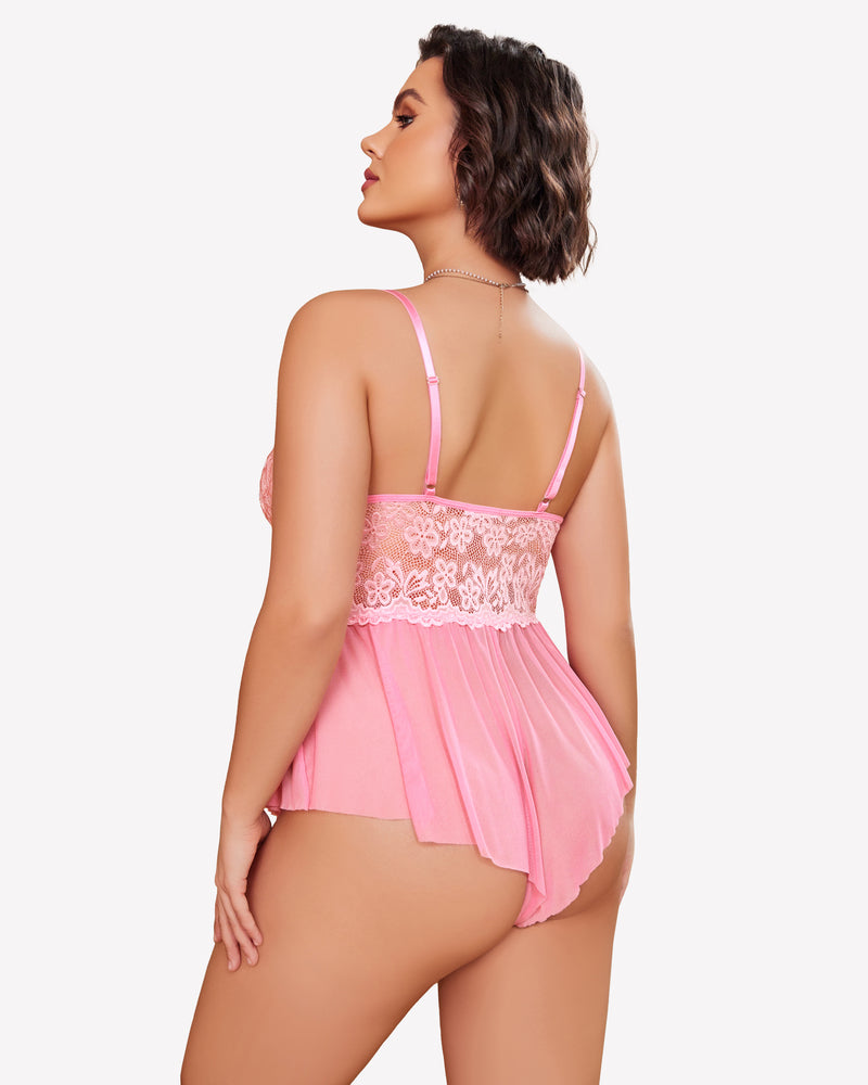Plus size pink lace bodysuit with adjustable straps and ruffle skirt on model, sexy lingerie